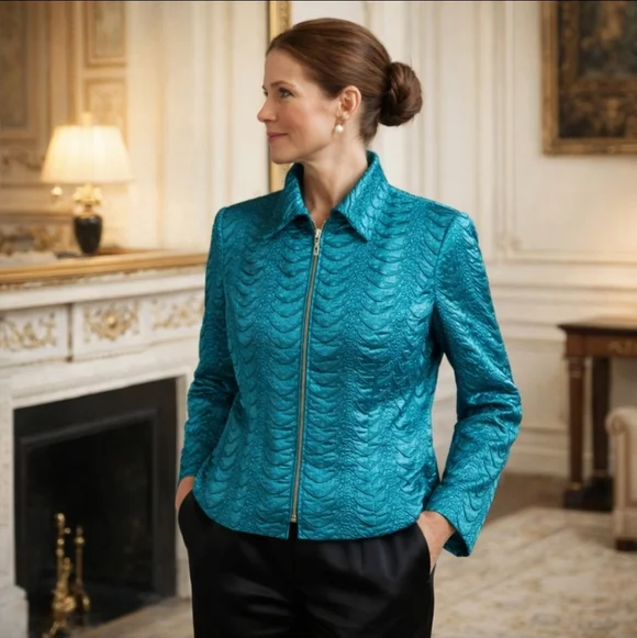 Ribkoff Textured Turquoise Blue Satin Zip Party Blazer/ Jacket Sz 10 - Picture 1 of 7